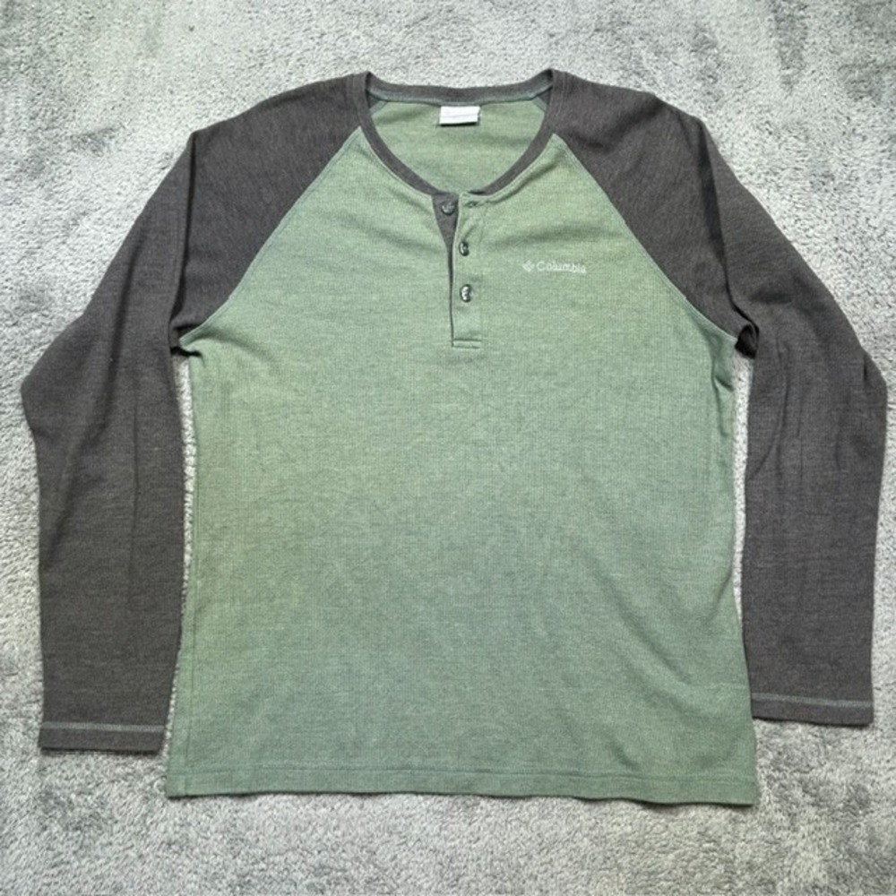Columbia Shirt Men's L Green Gray Waffle Knit Henley Long Sleeve Raglan Hike EUC